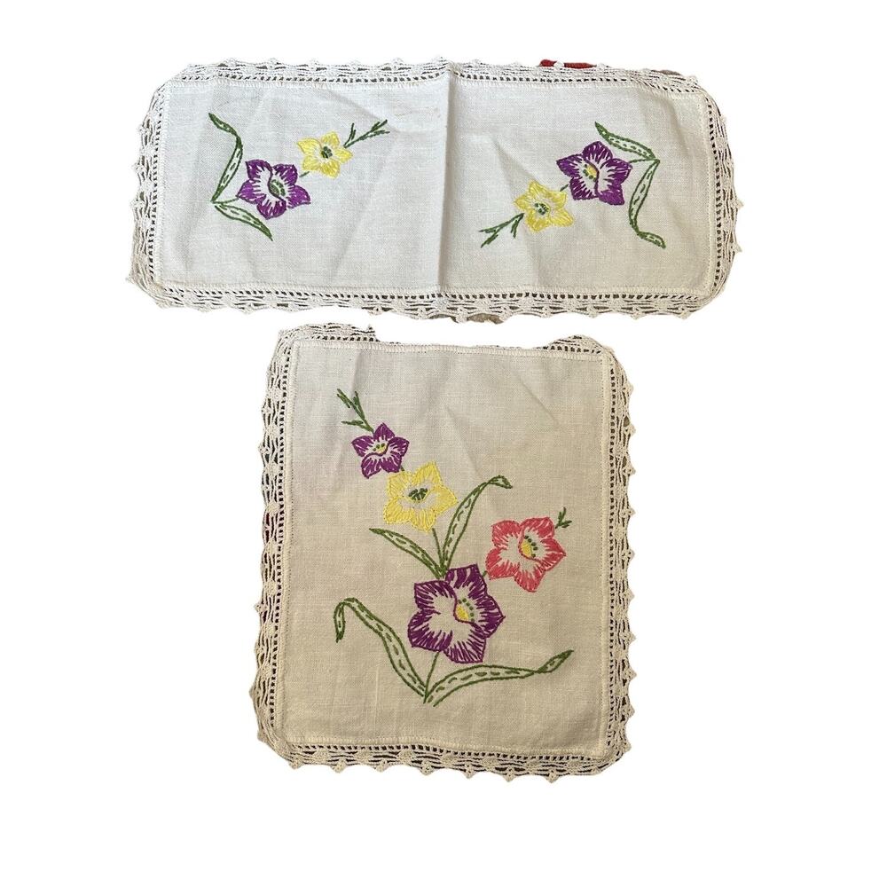 Vintage 2 Piece Hand Embroidered Doily Set Purple Pink Yellow Floral Crochet